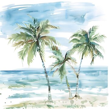 Watercolor painting of a beach scene with palm trees, isolated on a white background.