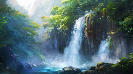 Zen waterfall, oil painting effect, serene palette, high angle, soft light. 