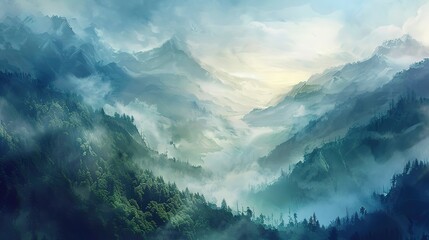 Serene mountain landscape, oil paint effect, cool tones, morning fog, high view.  - obrazy, fototapety, plakaty