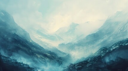 Serene mountain landscape, oil paint effect, cool tones, morning fog, high view. - obrazy, fototapety, plakaty
