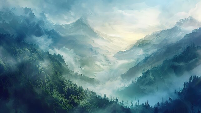 Serene mountain landscape, oil paint effect, cool tones, morning fog, high view. 