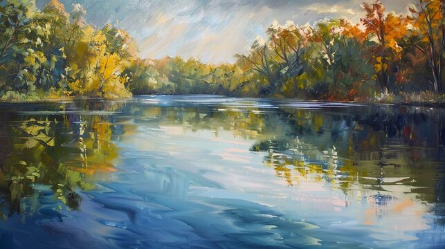 Calming river, abstract oil painting, peaceful colors, dusk light, bird's-eye angle. 