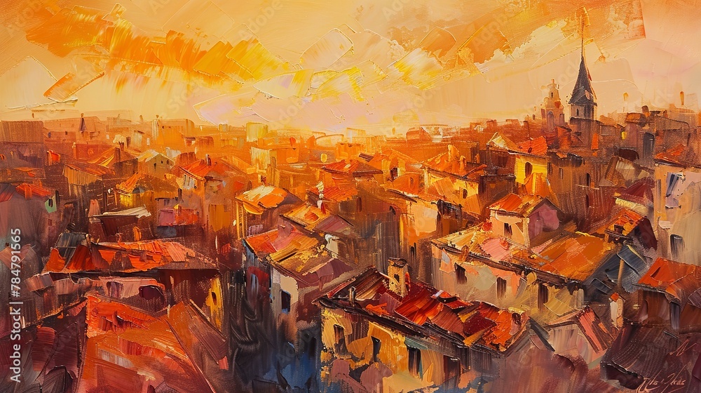 Wall mural Old town abstract, oil painting, warm tones, golden hour, bird's-eye view. 