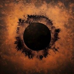 Black and orange spot with bright glow on a grainy, grungy spray texture background with retro vibe.