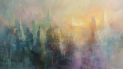 Abstract oil painting, city skyline, soft hues, dawn light, aerial perspective. 