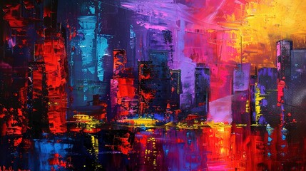 Obraz premium Abstract oil painting, futuristic buildings, vibrant palette, night, high angle, neon glow. 