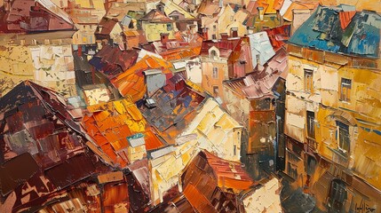 Old town abstract, oil painting, warm tones, golden hour, bird's-eye view. 