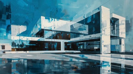 Modern architecture, abstract oil painting, cool shades, overcast light, wide lens. 