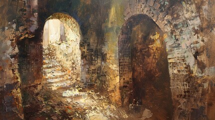 Abstract, oil paint, ancient ruins, earthy colors, side lighting, detailed texture.