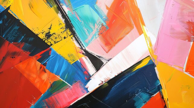 Oil paint abstract, geometric shapes, bold colors, direct sunlight, sharp angle. 