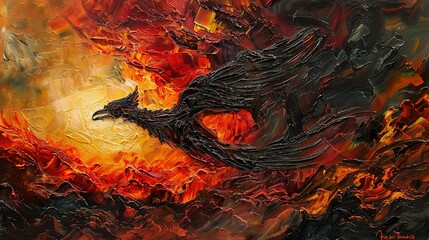 Oil painting, phoenix flight, mystical fire hues, sunset, high angle, dynamic shadows. 