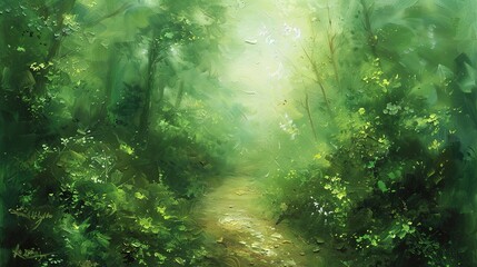 Fototapeta premium Oil painting Enchanted forest path, abstract oil, lush greens, morning mist, bird's-eye view. 