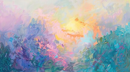 Abstract oil painting, unicorn in meadow, magical colors, dawn light, low angle, soft glow. 