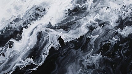 Obraz premium Black white oil paint, abstract waves, overhead angle, diffused lighting. 