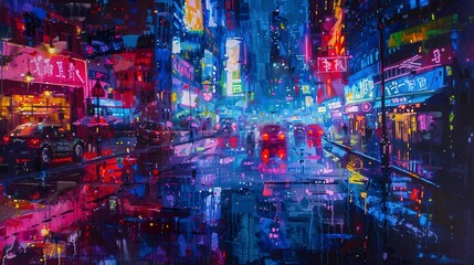 Abstract oil painting, cyberpunk streets, vibrant neon, dusk, wide view, rain reflections. 
