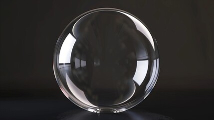 A sphere made of glass, clear and transparent, front view, black background, glass bubble. Generated by artificial intelligence.