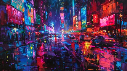 Abstract oil painting, cyberpunk streets, vibrant neon, dusk, wide view, rain reflections.