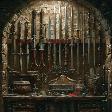 An ancient armory filled with a collection of swords, daggers, and other medieval weapons displayed on stone walls