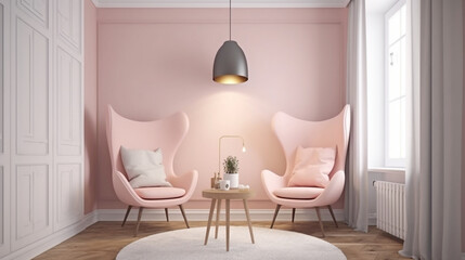 Curl up in a cozy Nordic nook with two chrs in soft pastel hues, a central table, and an empty canvas agnst a backdrop of pure pink, white, or yellow. Allow the tranquil atmosphere to envelop