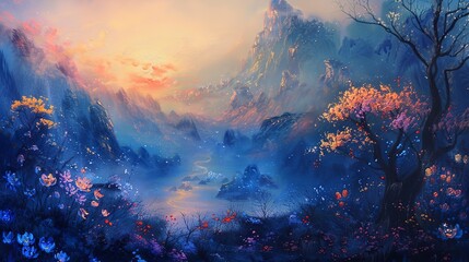 Oil painting, alien flora, fantasy hues, twilight, panoramic view, ethereal glow. 