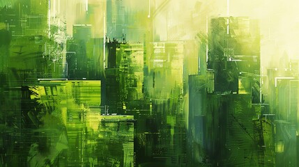 Eco-friendly city, abstract oil, cool greens, morning, panoramic, clean lines. 
