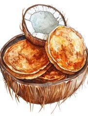 Watercolor of Homemade Thai Coconut Pancakes Kanom Krok on a Woven Rattan Platter