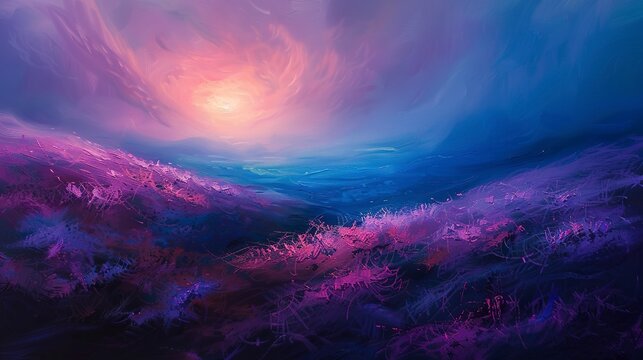 Oil painting, alien flora, fantasy hues, twilight, panoramic view, ethereal glow. 