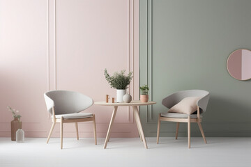 Create your own sanctuary with two chrs in soft pastel hues, a central table, and an empty canvas agnst a backdrop of pure pink, white, or yellow, enveloping you in a sense of calm and tranquility 