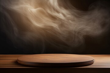brown background with a wooden table and smoke. Space for product presentation, studio shot, photorealistic, high resolution image with soft lighting 