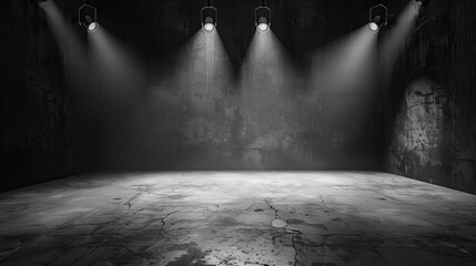 Black and white background, spotlight in of an empty room. Concrete floor and walls, cinematic...