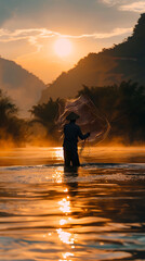 studio shot of A fisherman casting his net into a calm river at sunrise, realistic travel photography, copy space for writing