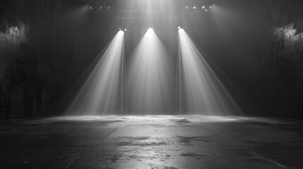 Black and white background, spotlight in of an empty room. Concrete floor and walls, cinematic light. Generated by artificial intelligence. - Powered by Adobe