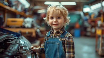 Obraz premium Beautiful Child Boy In Overalls Repairing Car In Service Station