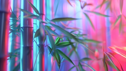 Close-up glass organic bamboo. volume digital plants, contrast, texture, neon light, surreal, fluorescencetrans plastic. Generated by artificial intelligence.