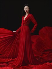 Naklejka premium Fashionable Chinese Girl Standing, Red Suit