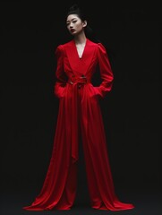 Naklejka premium Fashionable Chinese Girl Standing, Red Suit