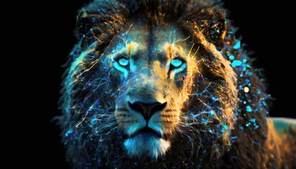 Foto op Canvas Majestic lion with striking blue eyes illuminated against a dark background, set against a dark, mysterious backdrop, highlighting its regal and powerful demeanor. © Lokesh