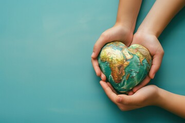 Hands Holding A Heart Shaped World Map On A Blue Background