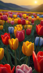 A field of blossoming flowers Tulips, against the background of evening sunset