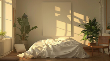 A tranquil bedroom adorned with an empty canvas on the wall, illuminated by the soft glow of sunshine white, enveloping the room