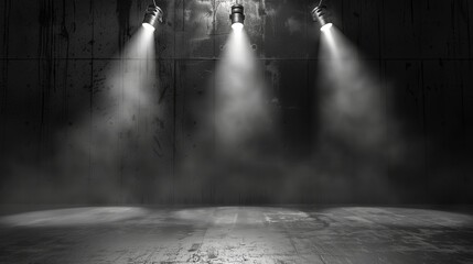 Black and white background, spotlight in of an empty room. Concrete floor and walls, cinematic...