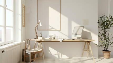A stylish home office with an empty canvas awting creative expression, bathed in sunshine white light, providing a bright and energizing space where professionals can work with focus and inspiration, 