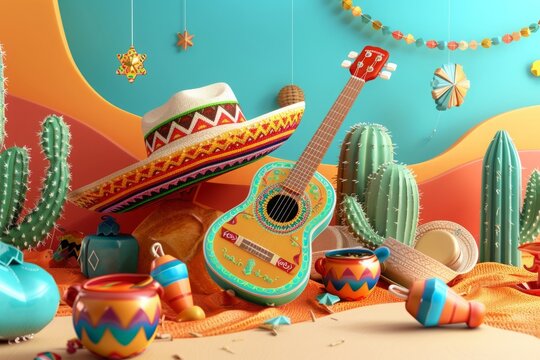 A festive still life captures the essence of Cinco de Mayo with a colorful traditional Mexican sombrero and a classic guitar