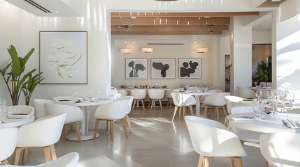 A stylish dining area featuring an empty canvas agnst a backdrop of sunshine white walls, radiating a sense of freshness and vitality that enhances the dining experience, inviting guests to