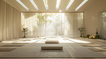 A serene yoga studio with an empty canvas as a focal point, illuminated by the calming radiance of sunshine white, fostering a sense of tranquility and inner peace, 