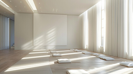 A serene yoga studio with an empty canvas as a focal point, illuminated by the calming radiance of sunshine white, fostering a sense of tranquility and inner peace 