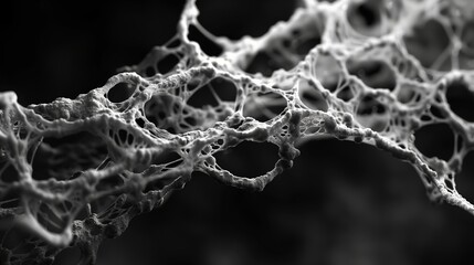 A high-resolution, monochrome micrograph of an intricate network of fibers in the skin resembling flowing water on the dark background. Generated by artificial intelligence.