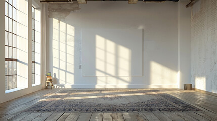 A serene yoga studio featuring an empty canvas on the wall, illuminated by sunshine white light, creating a peaceful and harmonious environment that promotes 
