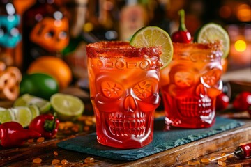 In a festive setting, two skull-shaped glasses adorned with a chili powder rim are filled with vibrant red cocktails, garnished with lime wheels and maraschino cherries.