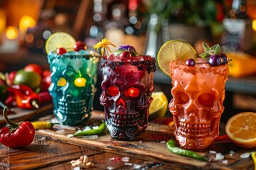 In a festive setting, two skull-shaped glasses adorned with a chili powder rim are filled with vibrant red cocktails, garnished with lime wheels and maraschino cherries.